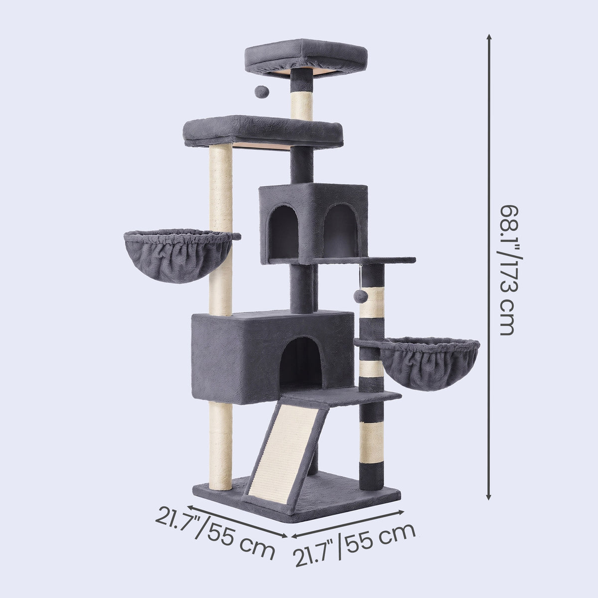 LEDREM Cat Tree, Tall Tower with Scratching Posts and Condos, Cat Furniture for Indoor Cats, 21.7 x 21.7 x 68.1 Inches, Dark Gray