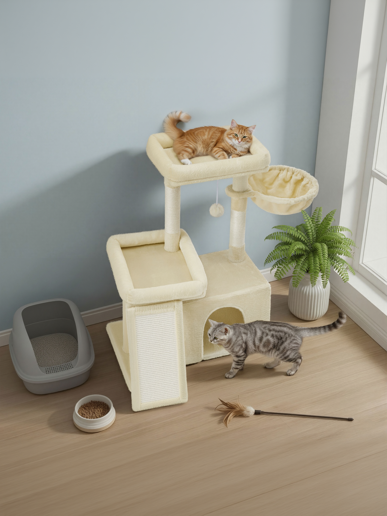 33.8-Inch Cat Tree Tower with Scratching Posts & Ramp, 2 Perches, Cave & Basket, Multi-Level Cat Condo for Indoor Cats, Summer Sand