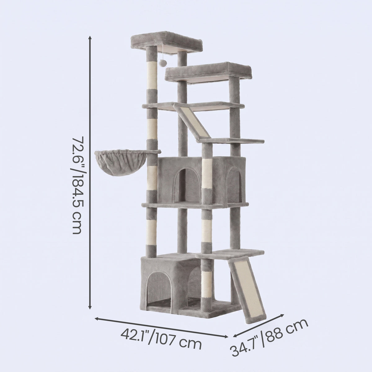 Cat Tree Multi-Level Tower with Sisal Scratching Posts for Large Cats 21.6 x 17.7 x 72.6 Inches Light Gray