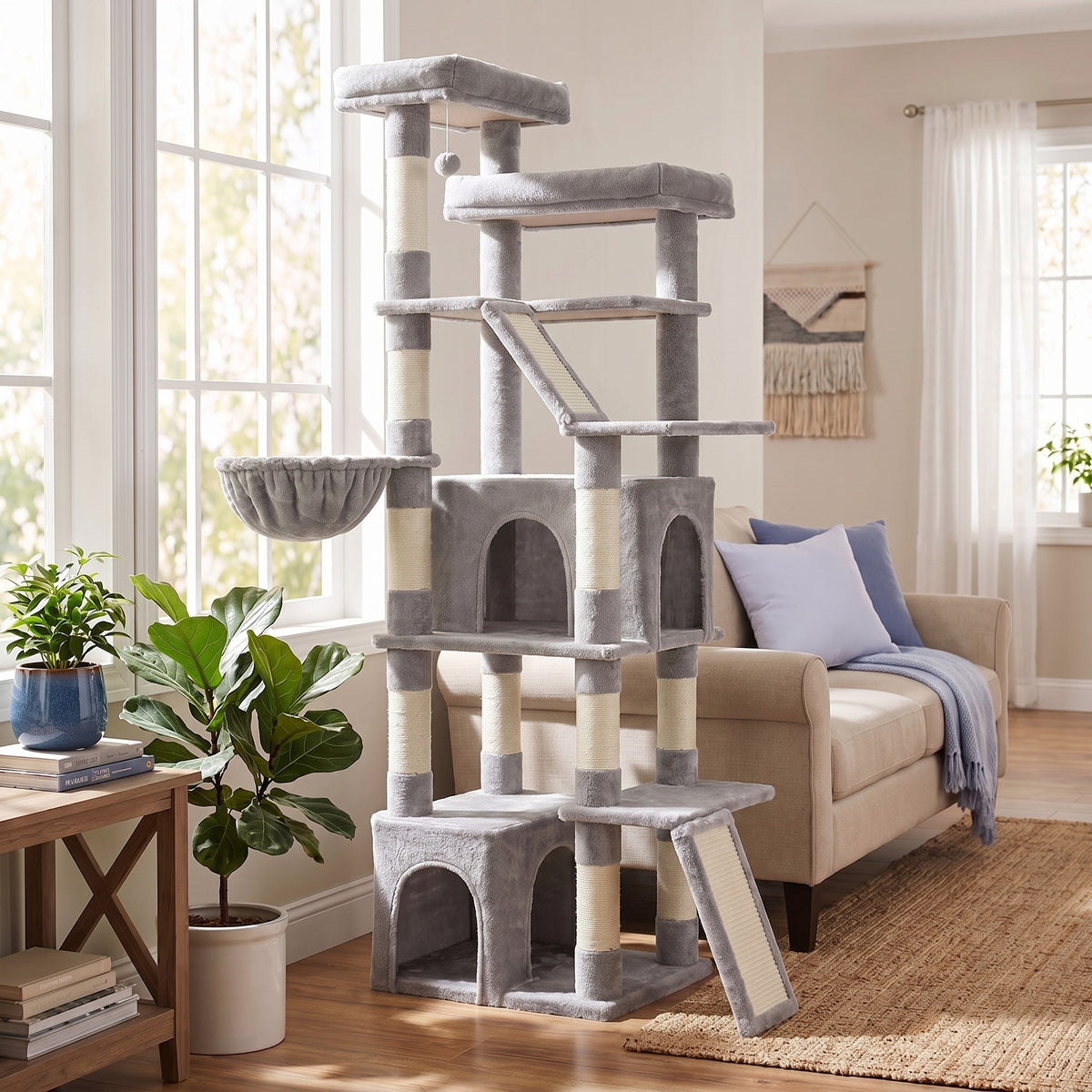 Cat Tree Multi-Level Tower with Sisal Scratching Posts for Large Cats 21.6 x 17.7 x 72.6 Inches Light Gray
