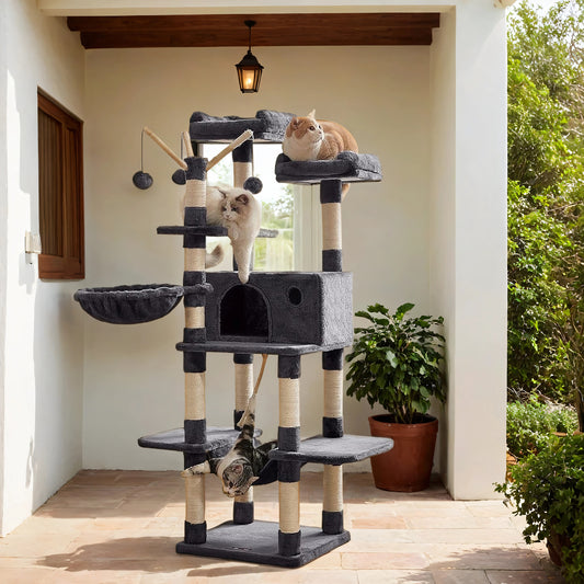 Large Cat Tree Tower - 64.6" Multi-Level Cat Condo with Hammock, Basket & Toys, Activity Center, Smoky Gray