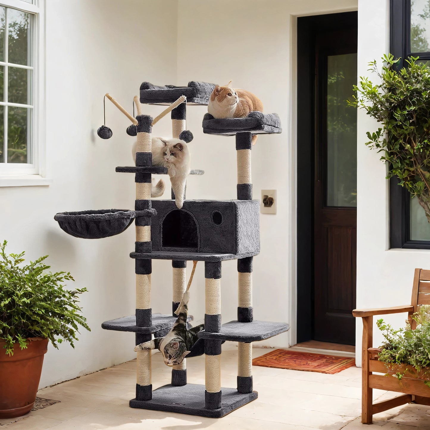 Large Cat Tree Tower - 64.6" Multi-Level Cat Condo with Hammock, Basket & Toys, Activity Center, Smoky Gray