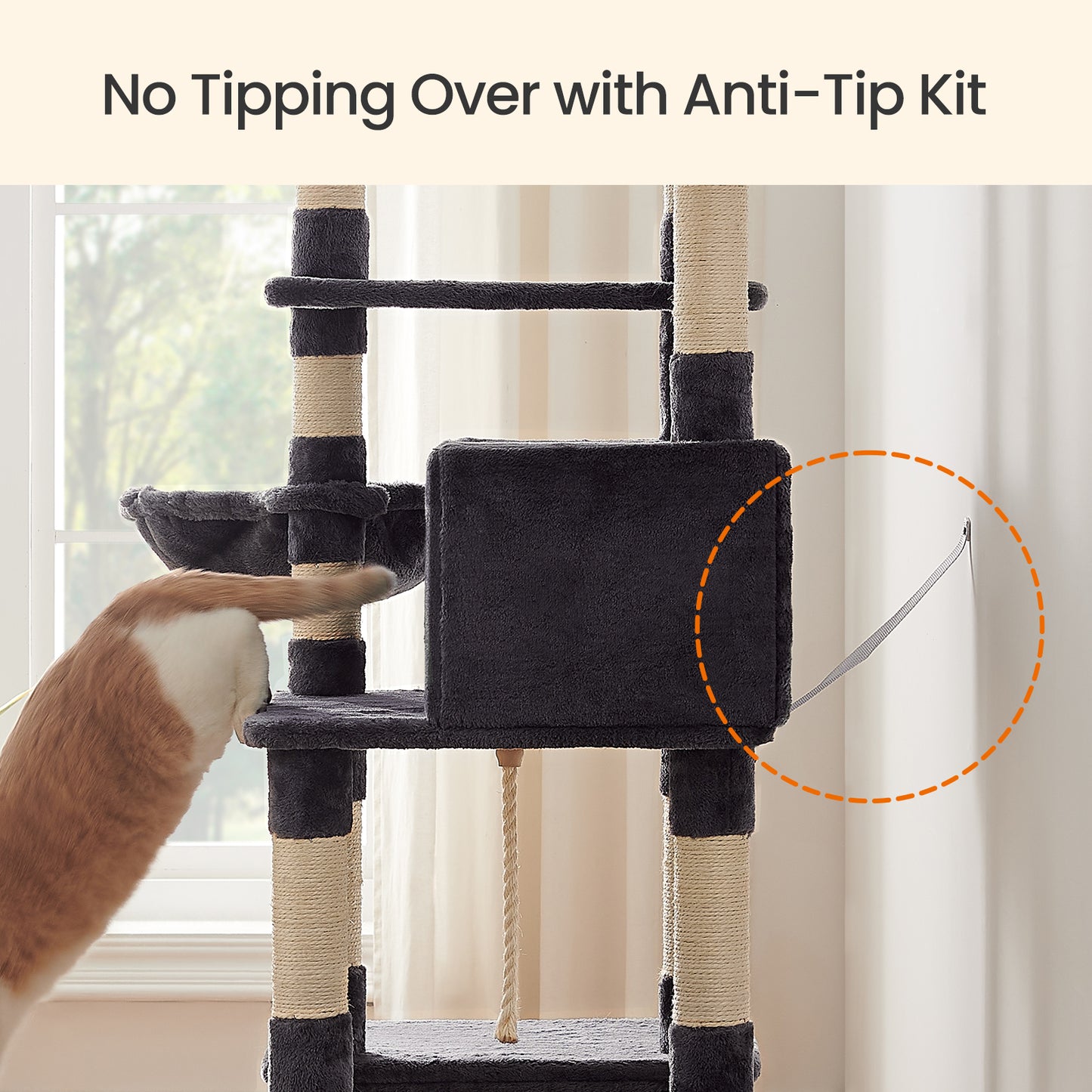Large Cat Tree Tower - 64.6" Multi-Level Cat Condo with Hammock, Basket & Toys, Activity Center, Smoky Gray