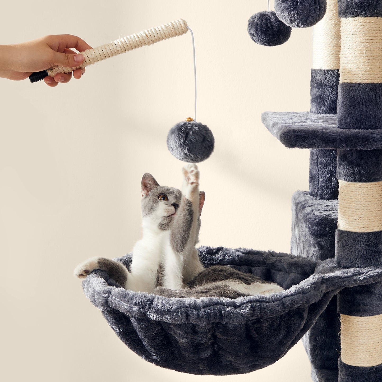 Large Cat Tree Tower - 64.6" Multi-Level Cat Condo with Hammock, Basket & Toys, Activity Center, Smoky Gray