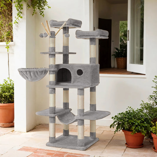Premium Cat Tree Tower - 64.6" Multi-Level Cat Condo with Plush Hammock, Spacious Cave & 4 Pompom Toys, Light Gray