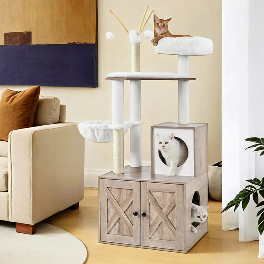 55.1-Inch 2-in-1 Cat Tree, Litter Box Enclosure, Modern Cat Tower with Scratching Posts, Removable Pompoms, Space-Saving Design, Greige
