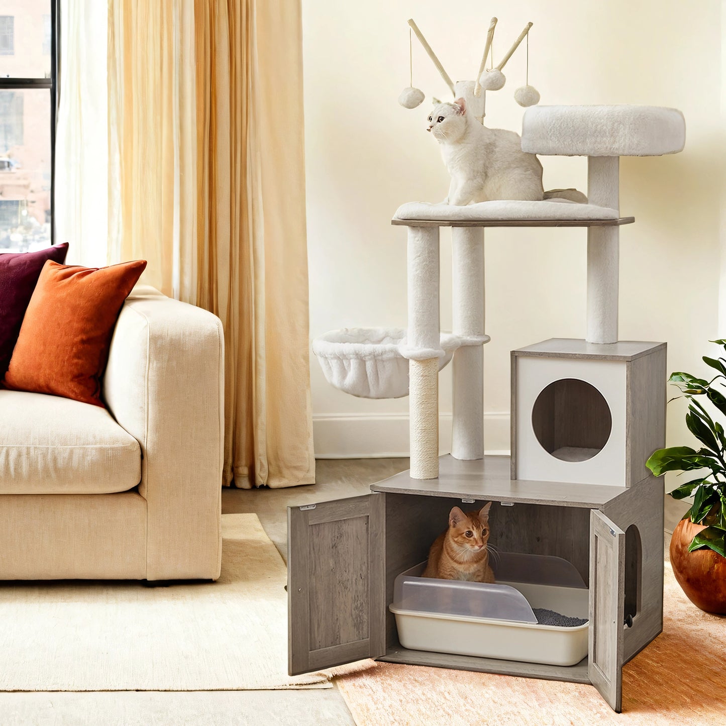 55.1-Inch 2-in-1 Cat Tree, Litter Box Enclosure, Modern Cat Tower with Scratching Posts, Removable Pompoms, Space-Saving Design, Greige