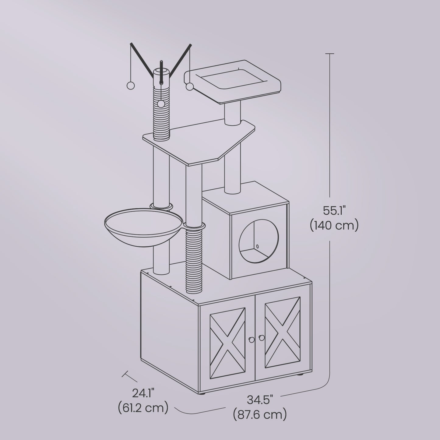 55.1-Inch 2-in-1 Cat Tree, Litter Box Enclosure, Modern Cat Tower with Scratching Posts, Removable Pompoms, Space-Saving Design, Greige