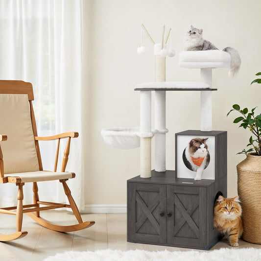 55.1" 2-in-1 Cat Tree & Litter Box Enclosure, Modern Cat Tower with Scratching Posts, Removable Toys, Space-Saving Design, Misty Gray