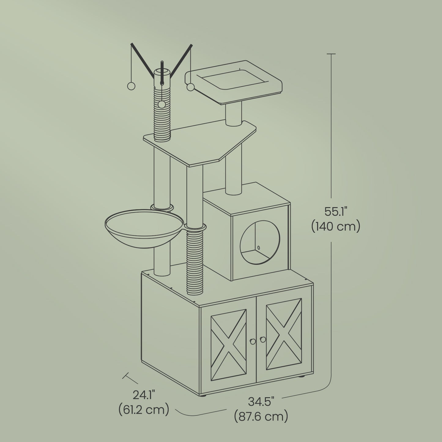 55.1" 2-in-1 Cat Tree & Litter Box Enclosure, Modern Cat Tower with Scratching Posts, Removable Toys, Space-Saving Design, Misty Gray