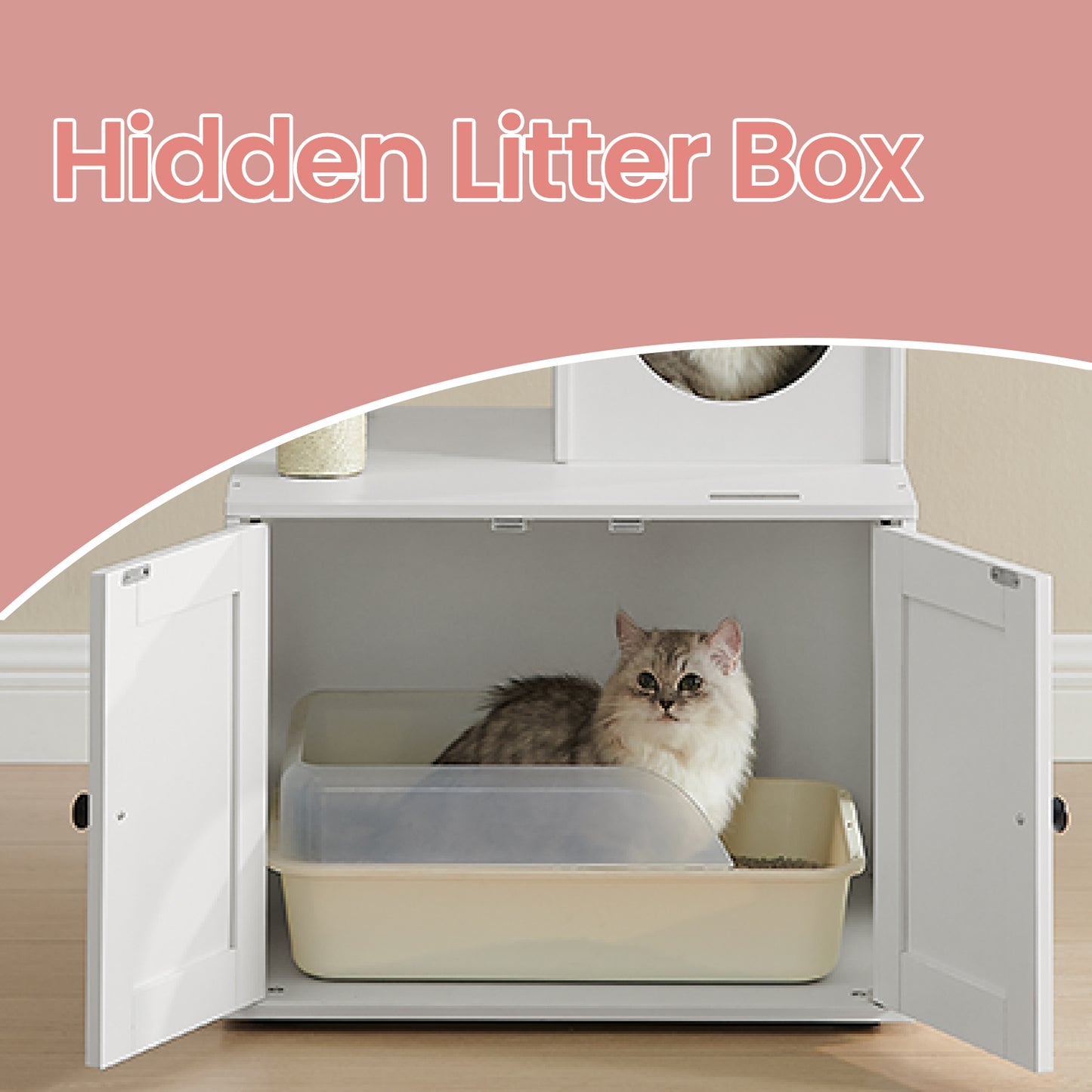 55.1" 2-in-1 Modern Cat Tree & Litter Box Enclosure, Multi-Level Cat Condo with Scratching Posts, Hidden Storage, Cloud White
