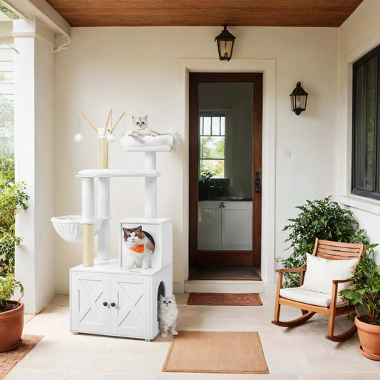55.1" 2-in-1 Modern Cat Tree & Litter Box Enclosure, Multi-Level Cat Condo with Scratching Posts, Hidden Storage, Cloud White