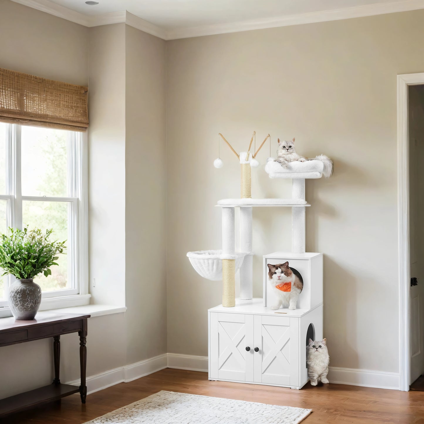 55.1" 2-in-1 Modern Cat Tree & Litter Box Enclosure, Multi-Level Cat Condo with Scratching Posts, Hidden Storage, Cloud White