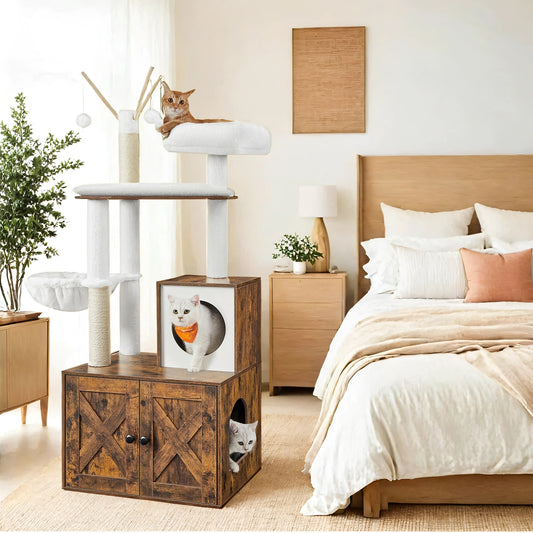 2-in-1 Cat Tree with Litter Box Enclosure - 55.1" Modern Cat Tower, Scratching Posts, Space-Saving Design, Rustic Brown