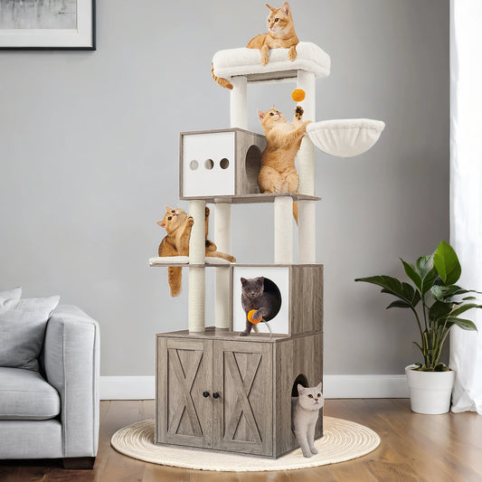 Modern Cat Tree with Litter Box - 70.8" 2-in-1 Cat Tower, Scratching Posts & Washable Cushions, Space-Saving Design, Heather Greige