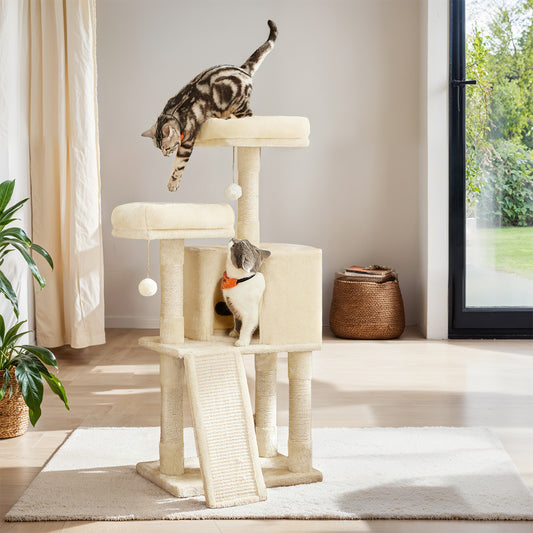 45.3" Cat Tower with Scratching Ramp - Multi-Level Cat Condo with Spacious Cave & 2 Perches, for All Ages, Beige