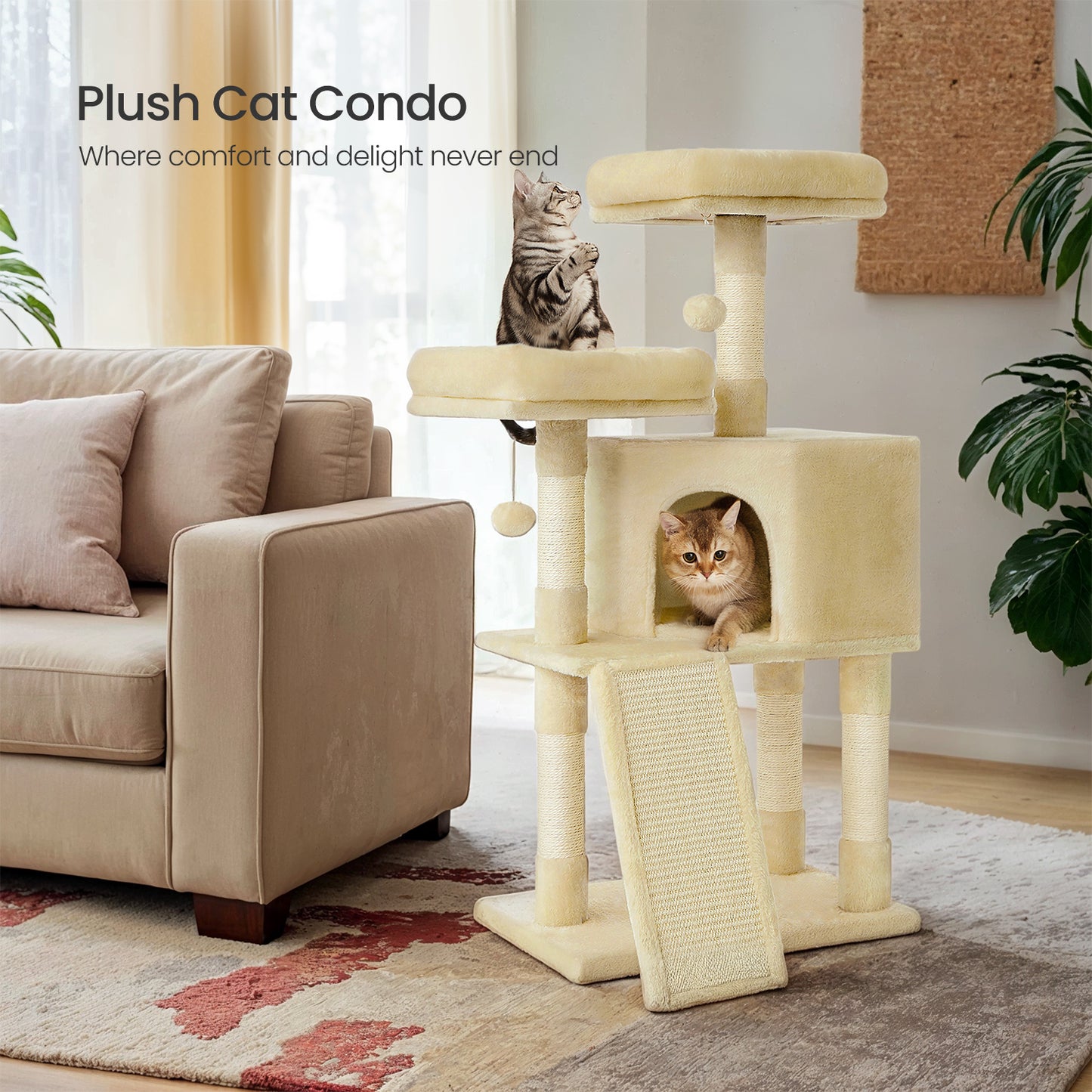 45.3" Cat Tower with Scratching Ramp - Multi-Level Cat Condo with Spacious Cave & 2 Perches, for All Ages, Beige