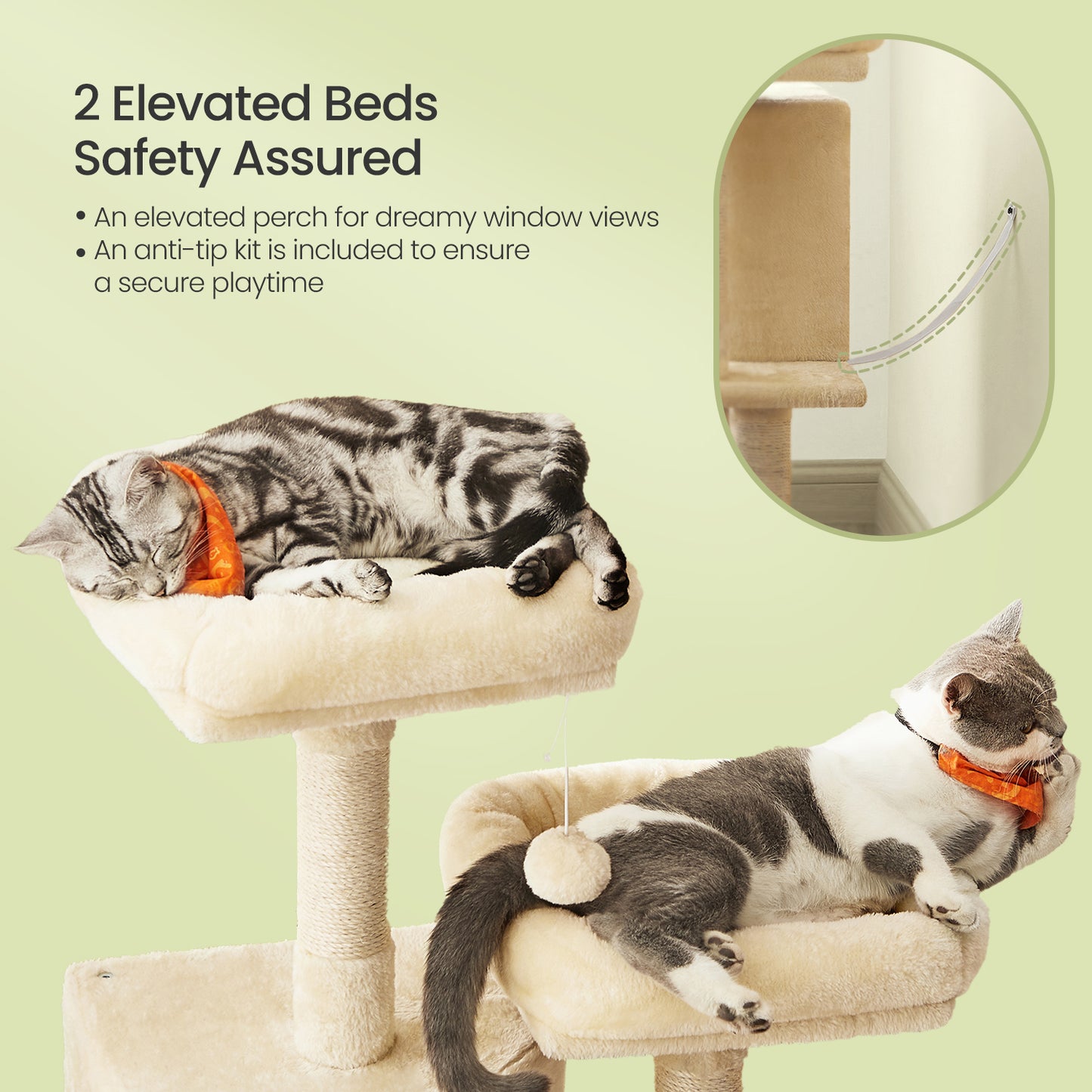 45.3" Cat Tower with Scratching Ramp - Multi-Level Cat Condo with Spacious Cave & 2 Perches, for All Ages, Beige
