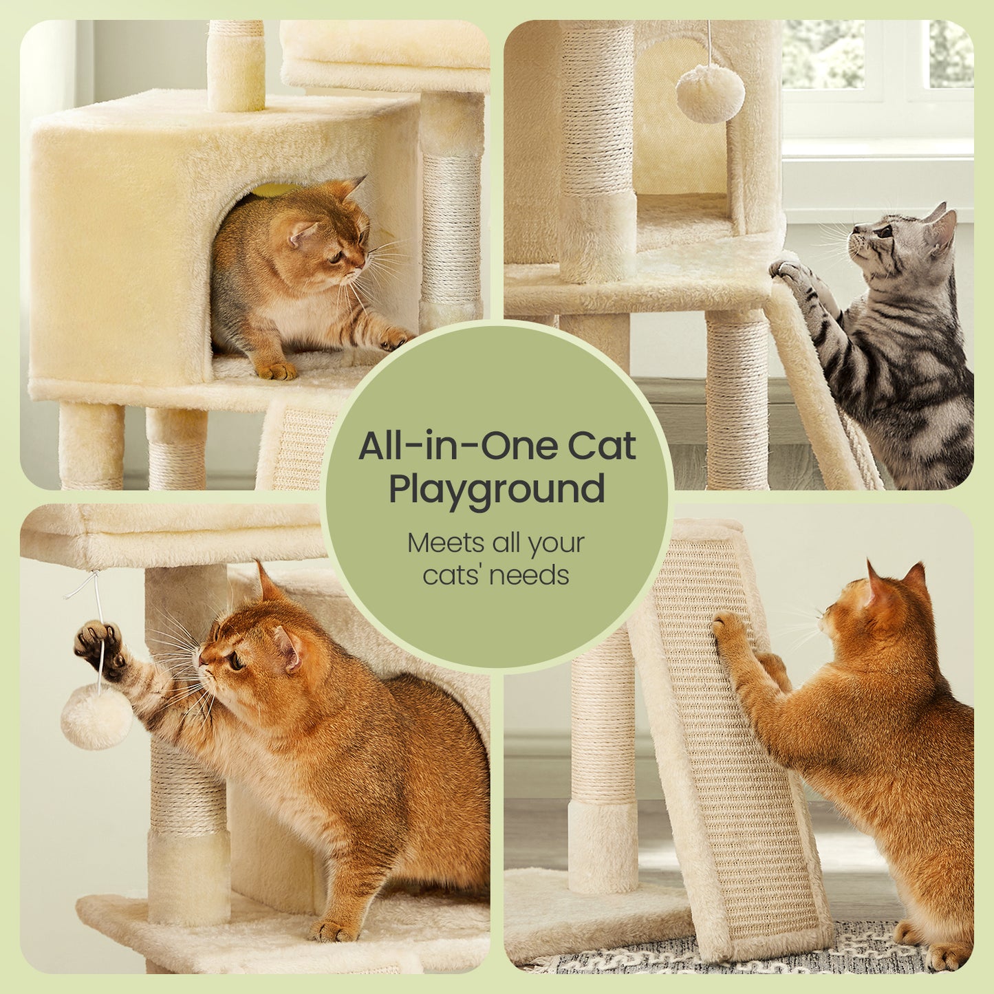 45.3" Cat Tower with Scratching Ramp - Multi-Level Cat Condo with Spacious Cave & 2 Perches, for All Ages, Beige