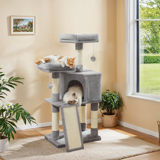 45.3" Cat Tower - Multi-Level Cat Condo with Scratching Ramp, Spacious Cave & 2 Plush Perches, for All Cats, Light Gray