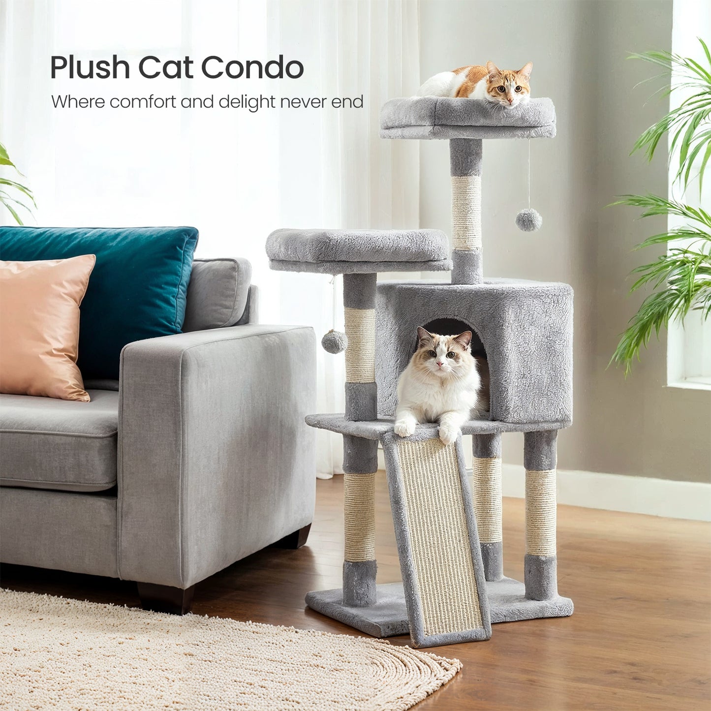 45.3" Cat Tower - Multi-Level Cat Condo with Scratching Ramp, Spacious Cave & 2 Plush Perches, for All Cats, Light Gray