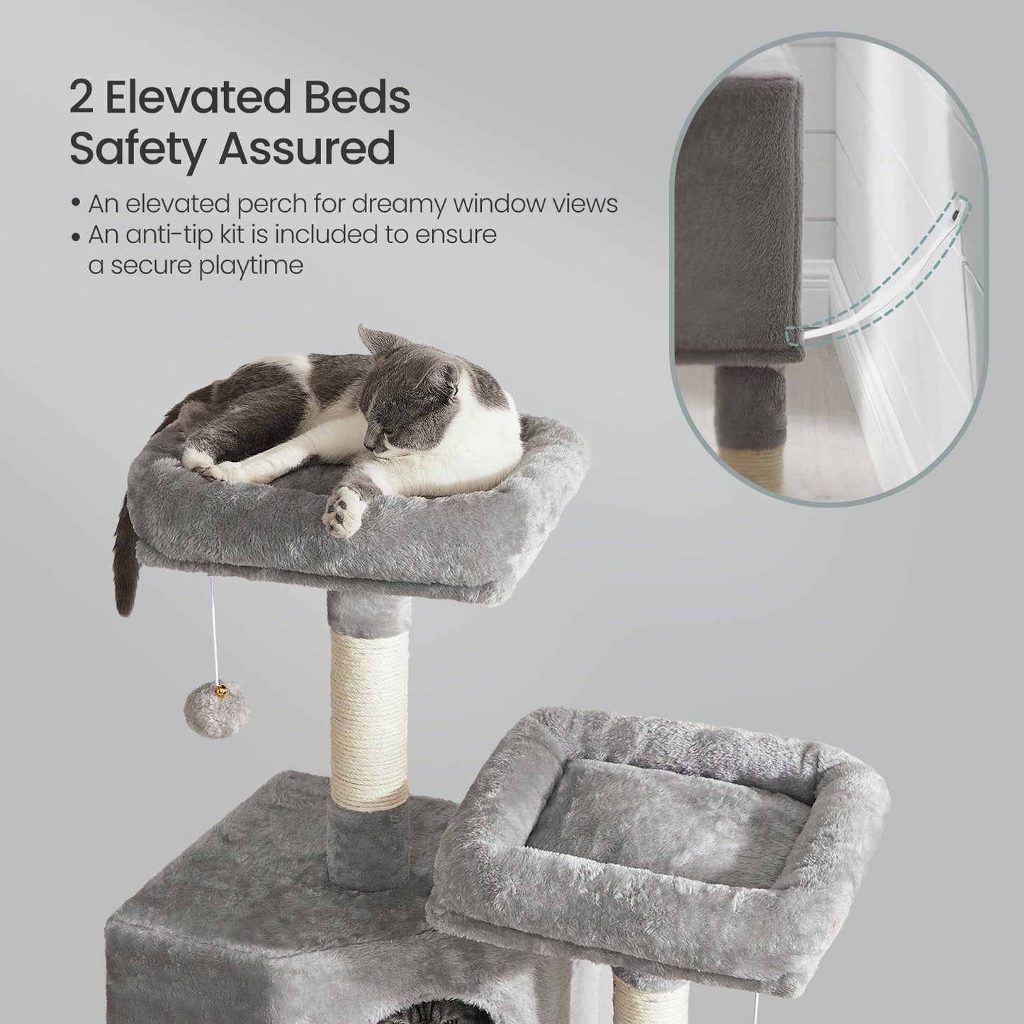 45.3" Cat Tower - Multi-Level Cat Condo with Scratching Ramp, Spacious Cave & 2 Plush Perches, for All Cats, Light Gray