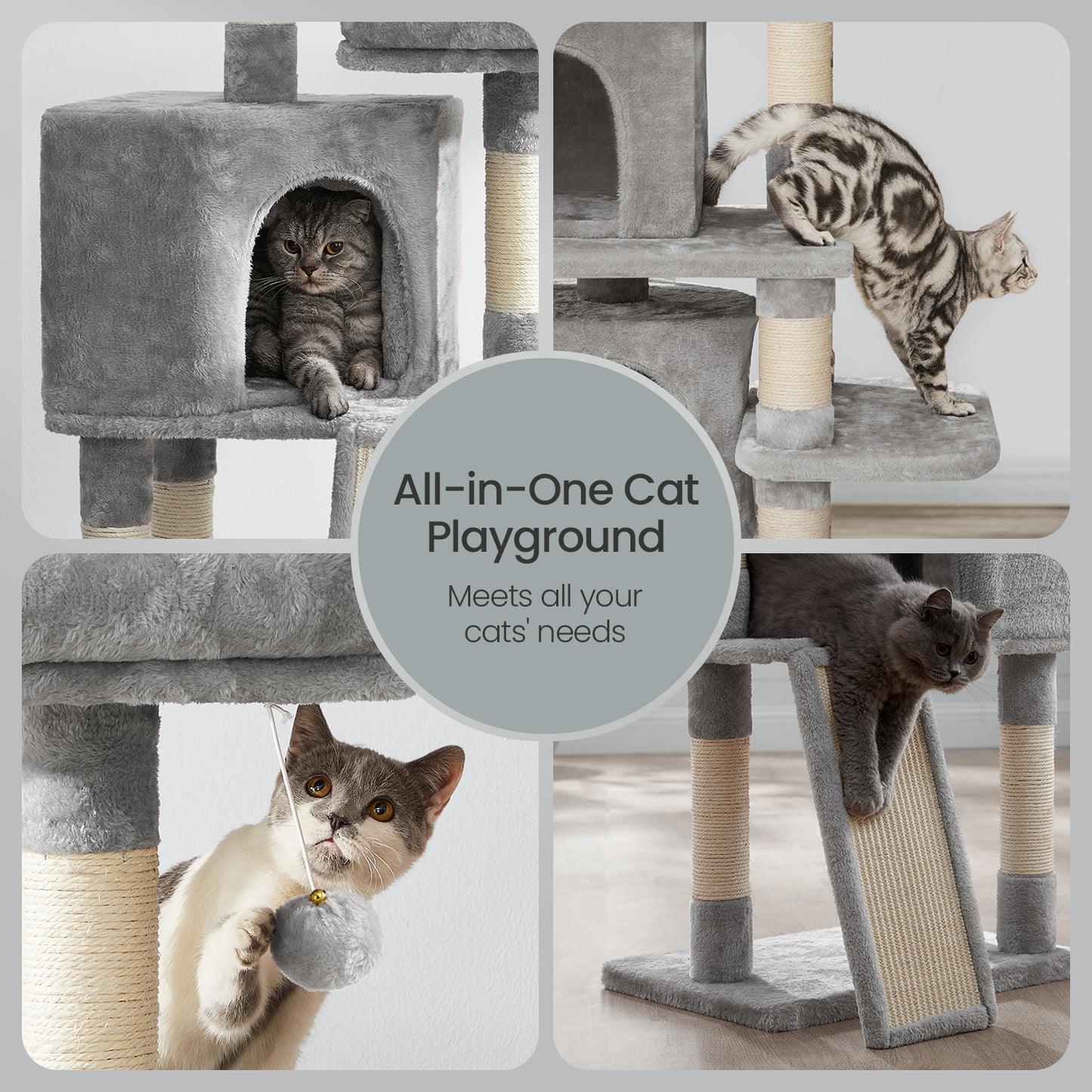45.3" Cat Tower - Multi-Level Cat Condo with Scratching Ramp, Spacious Cave & 2 Plush Perches, for All Cats, Light Gray