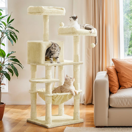 56.3" Cat Tree for Multiple Cats - Multi-Level Cat Condo with 11 Scratching Posts, 2 Perches & Hammock, Beige