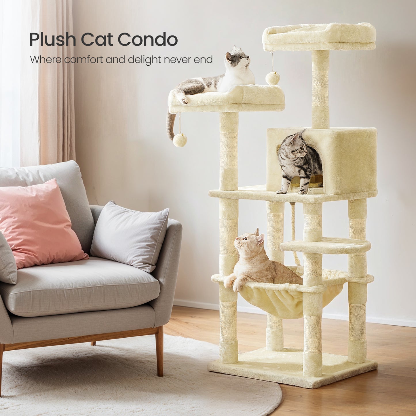 56.3" Cat Tree for Multiple Cats - Multi-Level Cat Condo with 11 Scratching Posts, 2 Perches & Hammock, Beige