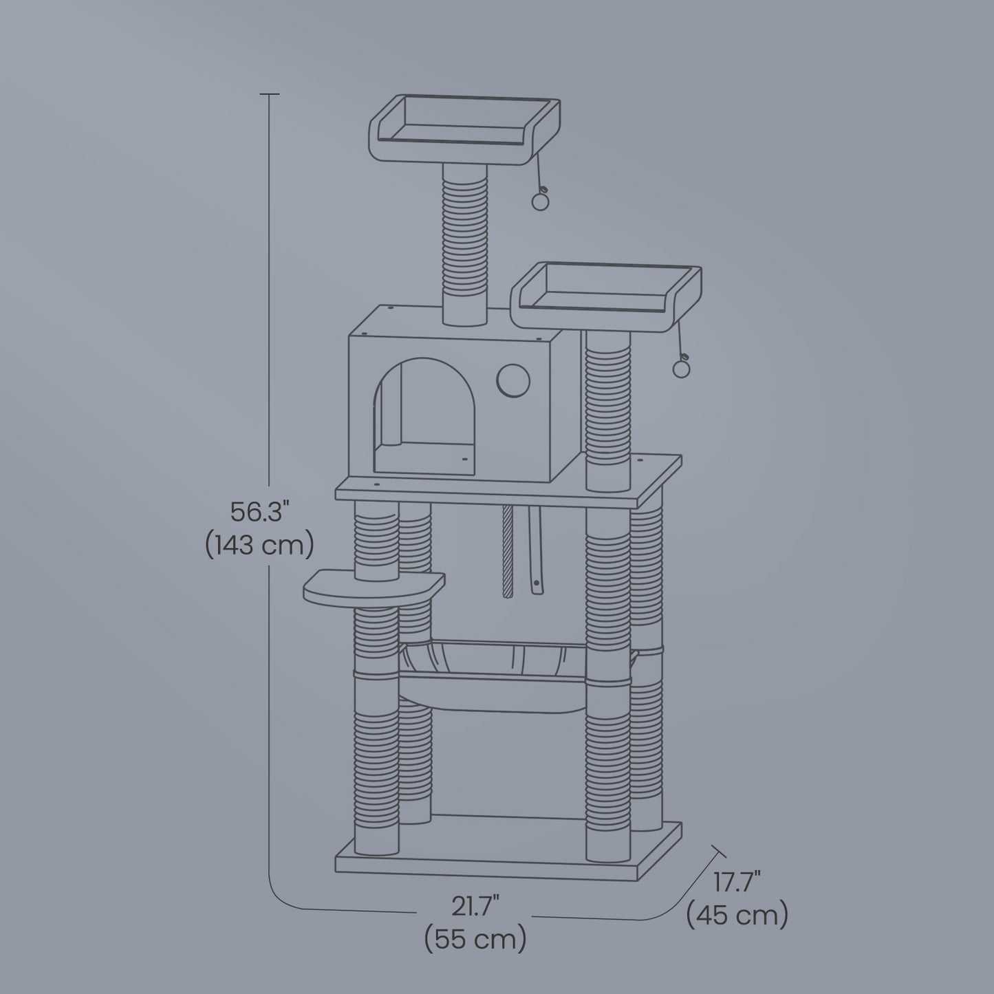 56.3-Inch Multi-Level Cat Tree Tower with 11 Scratching Posts, 2 Perches, Hammock & Cave, for Indoor Cats, Smoky Gray