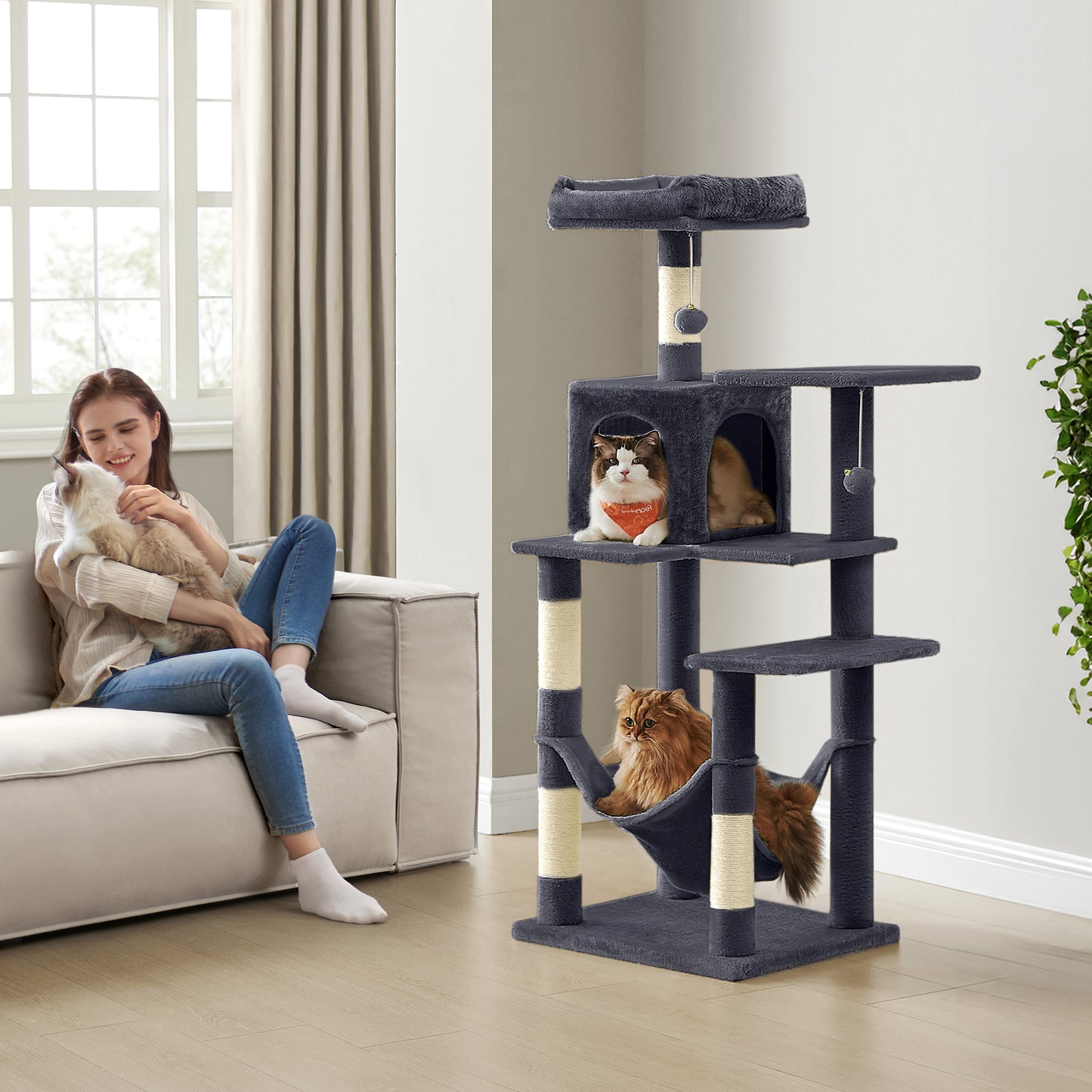 56.3" Multi-Cat Tree Tower - 4 Scratching Posts, 2 Perches & Hammock, Easy Assembly, Smoky Gray