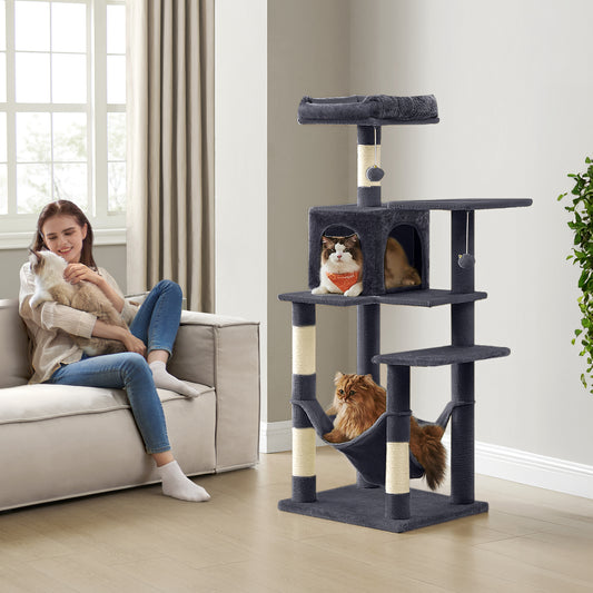 56.3" Multi-Cat Tree Tower - 4 Scratching Posts, 2 Perches & Hammock, Easy Assembly, Smoky Gray