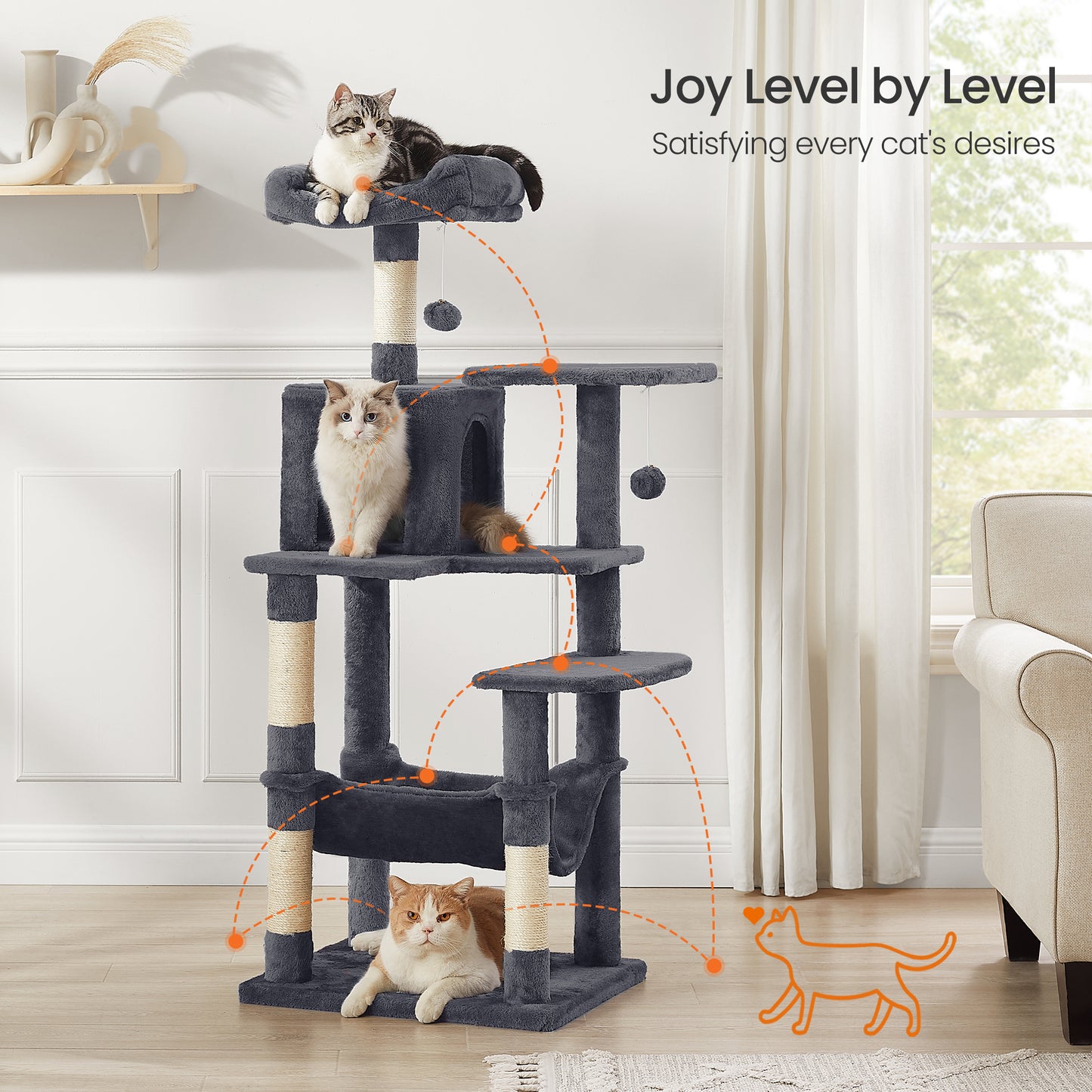 56.3" Multi-Cat Tree Tower - 4 Scratching Posts, 2 Perches & Hammock, Easy Assembly, Smoky Gray
