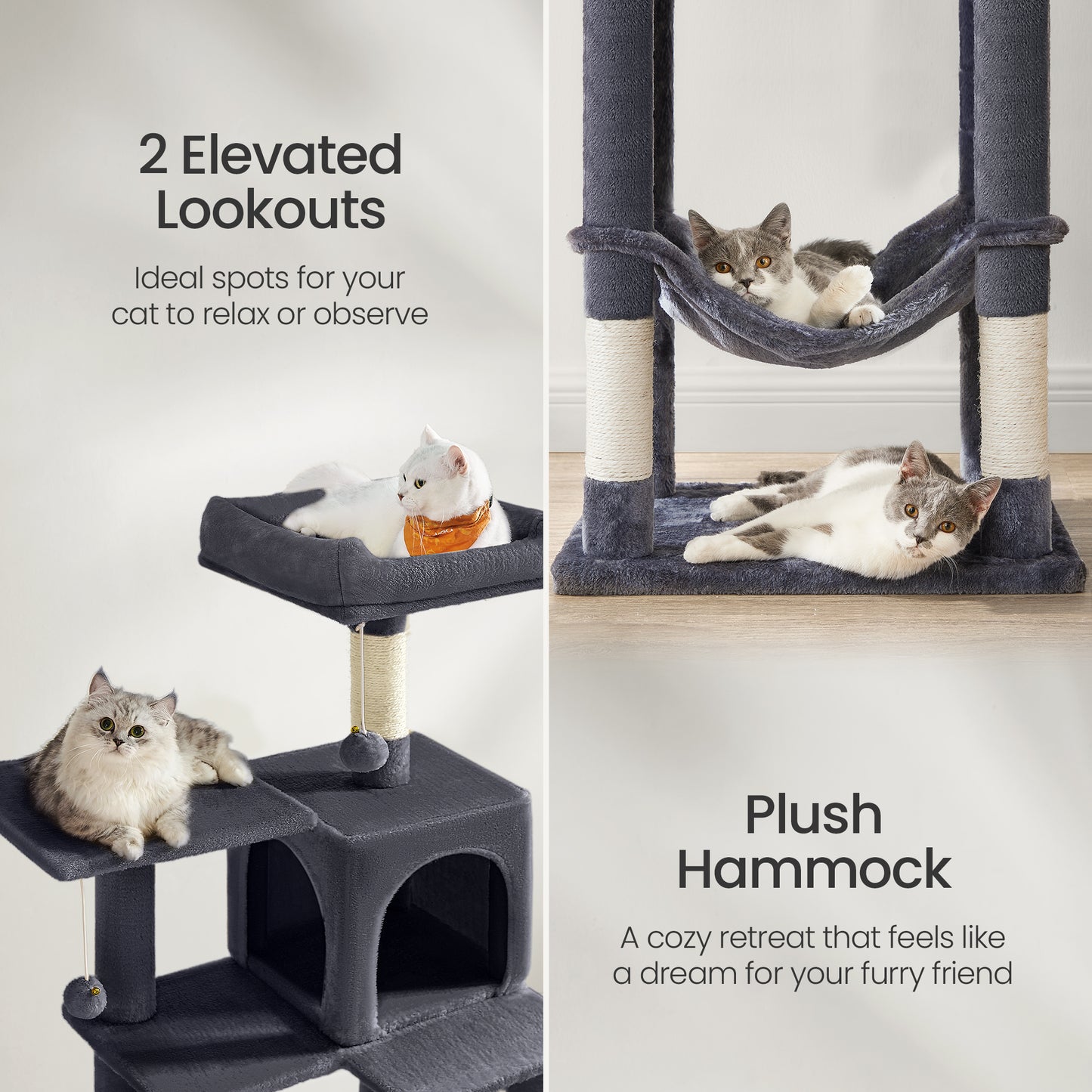 56.3" Multi-Cat Tree Tower - 4 Scratching Posts, 2 Perches & Hammock, Easy Assembly, Smoky Gray