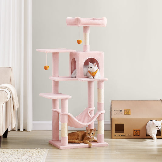 56.3" Cat Tree for Multiple Cats - Multi-Level Condo with 4 Scratching Posts, 2 Perches & Hammock, Easy Assembly, Jelly Pink