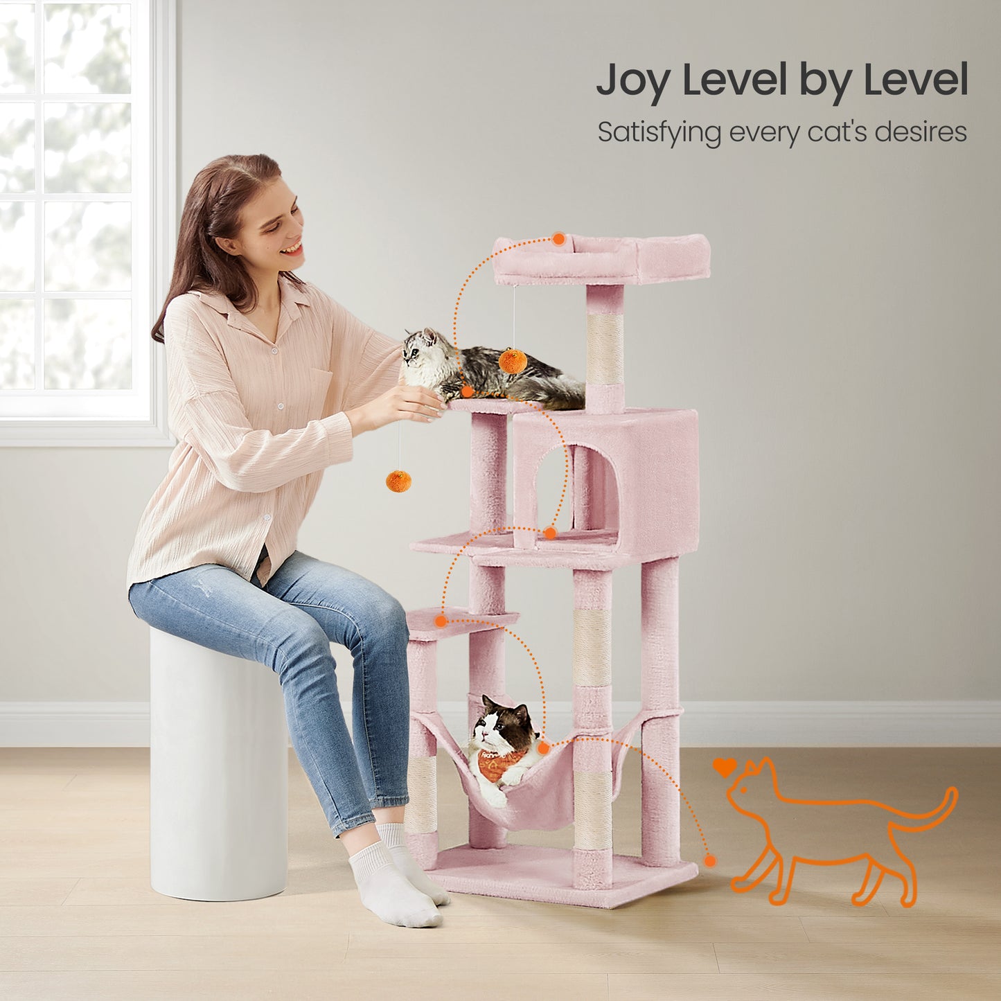 56.3" Cat Tree for Multiple Cats - Multi-Level Condo with 4 Scratching Posts, 2 Perches & Hammock, Easy Assembly, Jelly Pink