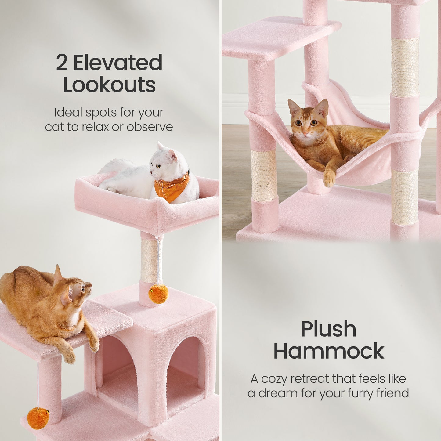 56.3" Cat Tree for Multiple Cats - Multi-Level Condo with 4 Scratching Posts, 2 Perches & Hammock, Easy Assembly, Jelly Pink