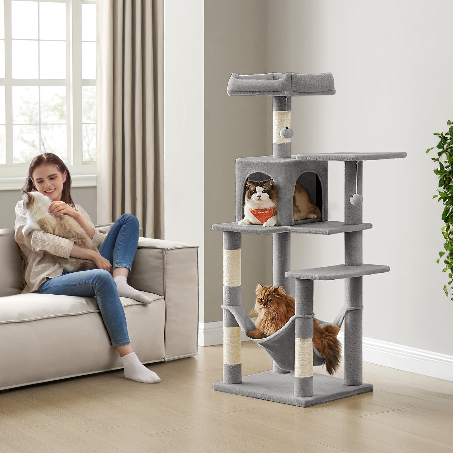 56.3" Multi-Cat Tree Tower - 4 Scratching Posts, 2 Plush Perches & Hammock, Easy Assembly, Light Gray
