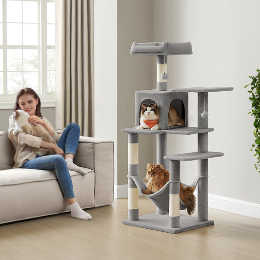 56.3" Multi-Cat Tree Tower - 4 Scratching Posts, 2 Plush Perches & Hammock, Easy Assembly, Light Gray