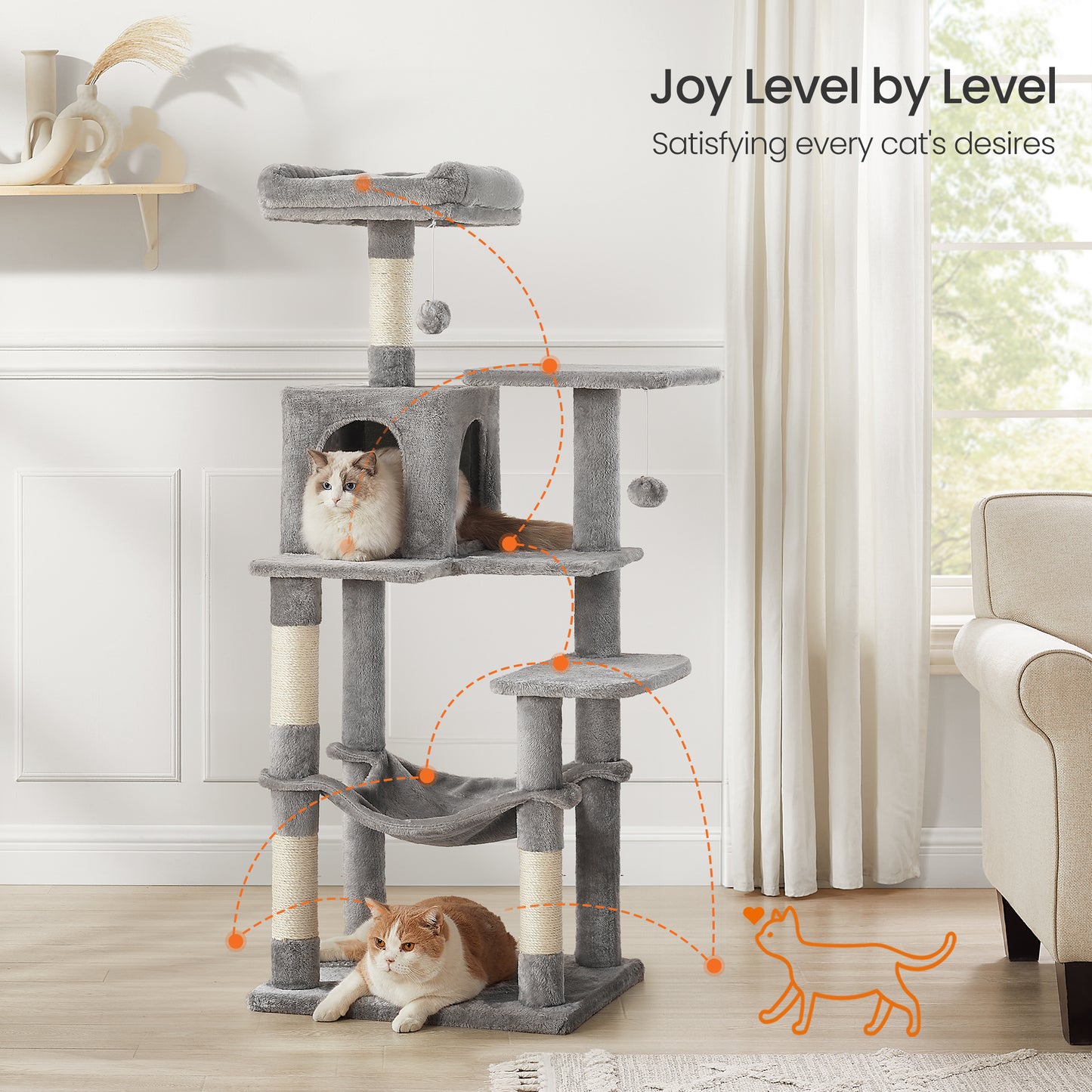 56.3" Multi-Cat Tree Tower - 4 Scratching Posts, 2 Plush Perches & Hammock, Easy Assembly, Light Gray