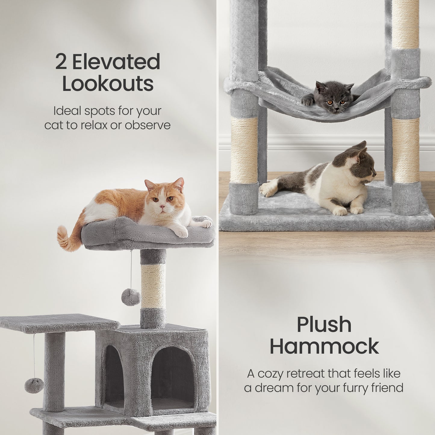 56.3" Multi-Cat Tree Tower - 4 Scratching Posts, 2 Plush Perches & Hammock, Easy Assembly, Light Gray