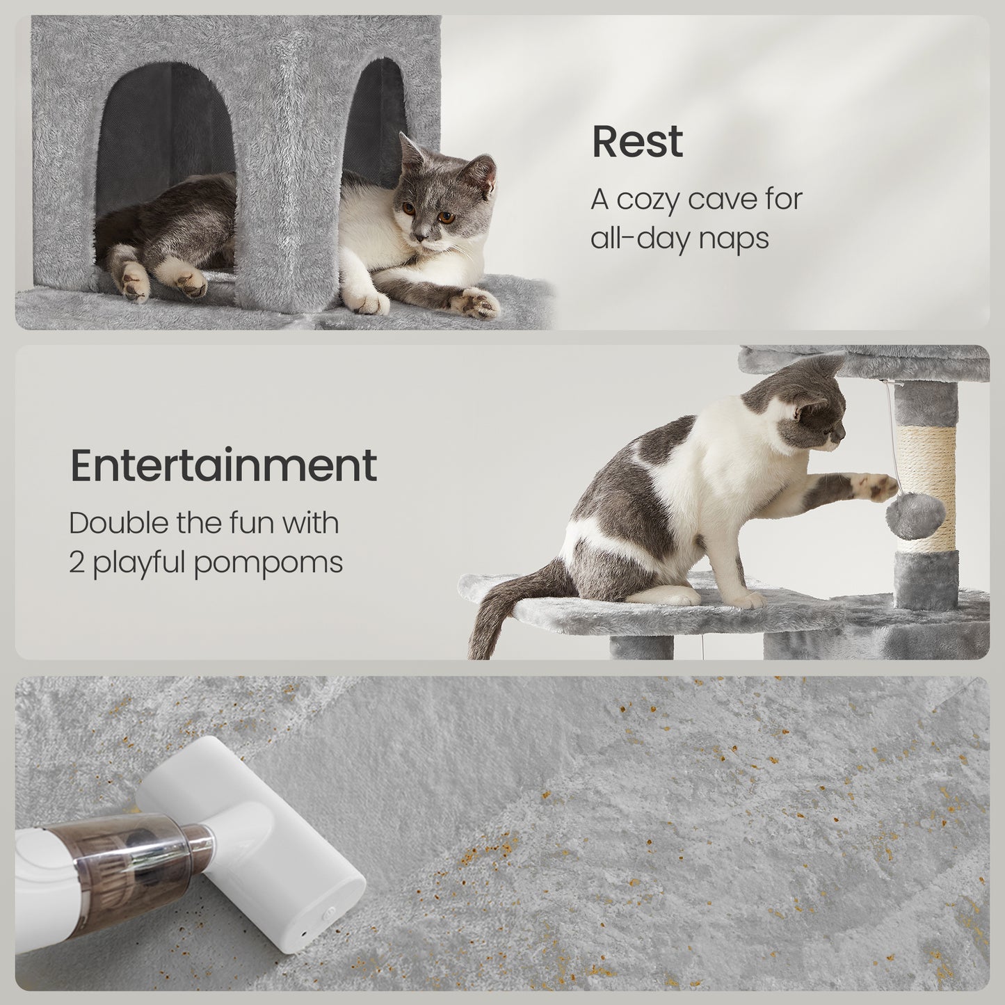 56.3" Multi-Cat Tree Tower - 4 Scratching Posts, 2 Plush Perches & Hammock, Easy Assembly, Light Gray