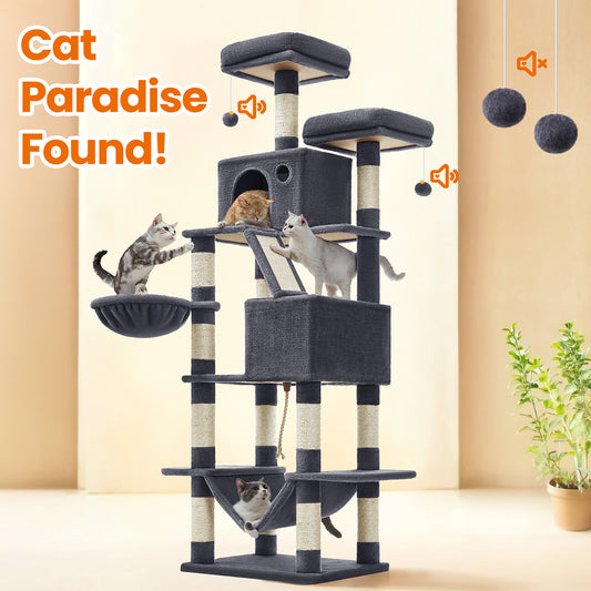 66.1" Large Cat Tree - 13 Scratching Posts, 2 Perches & 2 Caves, Multi-Level Plush Cat Condo with Hammock, Smoky Gray