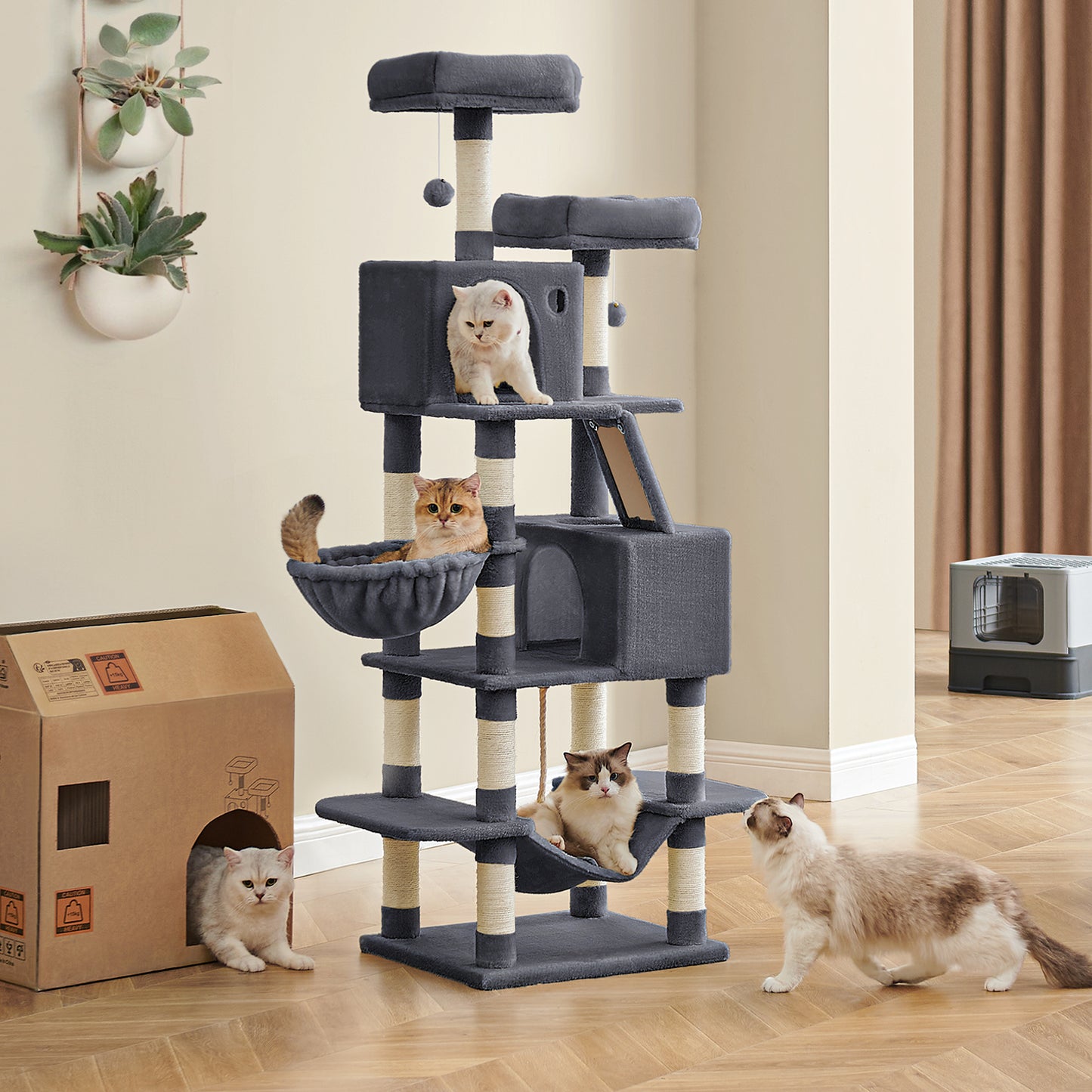 66.1" Large Cat Tree - 13 Scratching Posts, 2 Perches & 2 Caves, Multi-Level Plush Cat Condo with Hammock, Smoky Gray