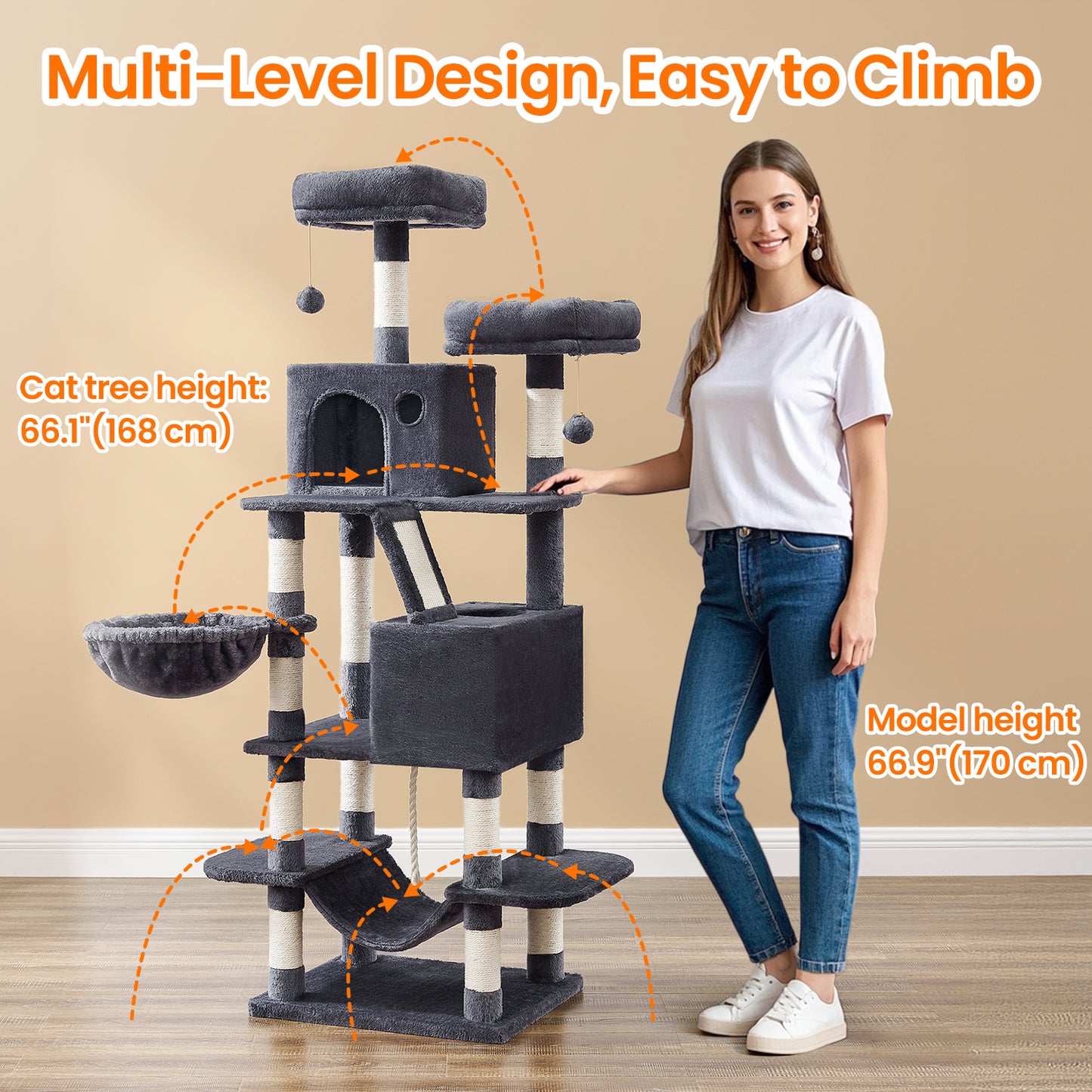 66.1" Large Cat Tree - 13 Scratching Posts, 2 Perches & 2 Caves, Multi-Level Plush Cat Condo with Hammock, Smoky Gray