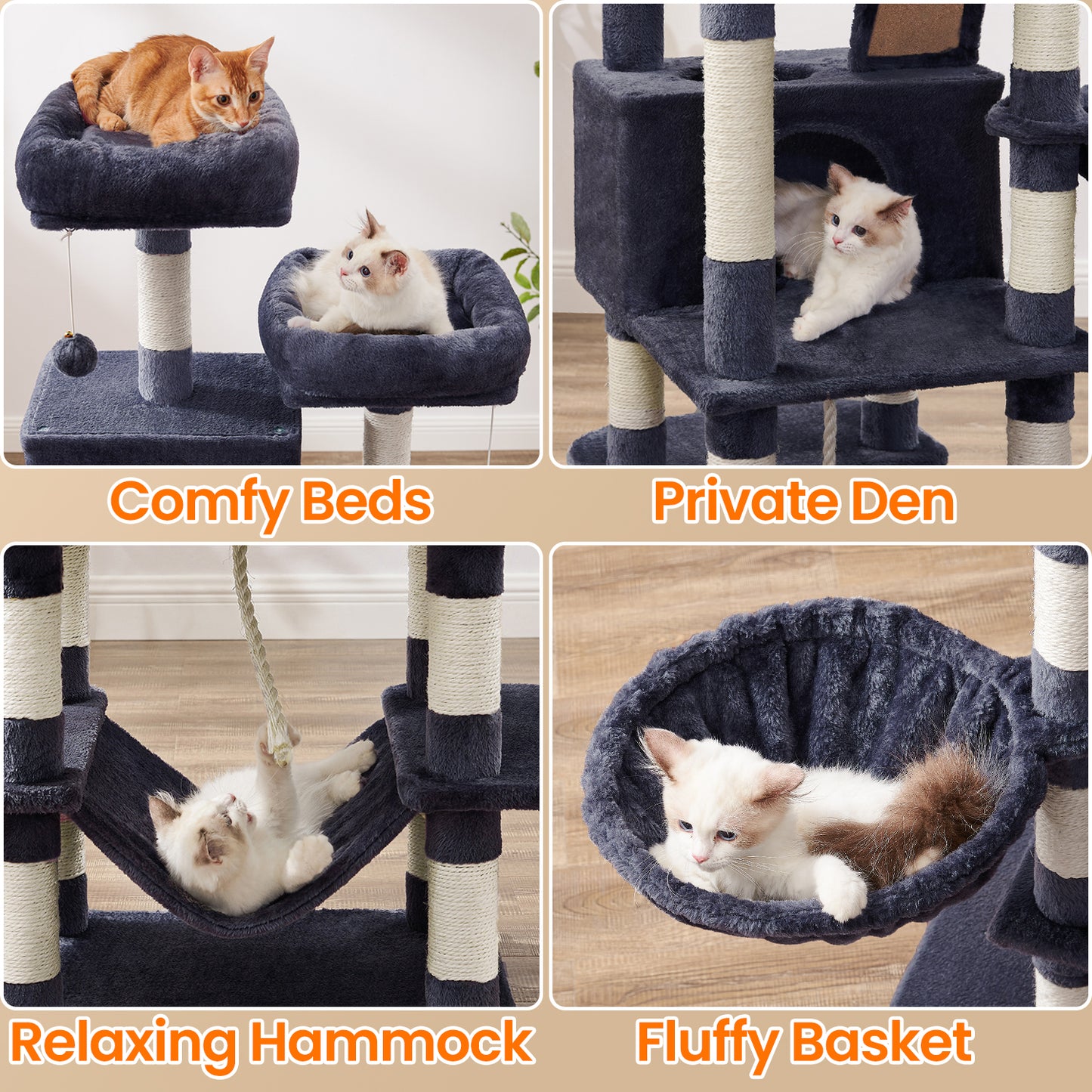 66.1" Large Cat Tree - 13 Scratching Posts, 2 Perches & 2 Caves, Multi-Level Plush Cat Condo with Hammock, Smoky Gray