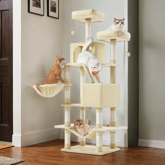66.1" Large Cat Tree - 13 Scratching Posts, 2 Perches & 2 Caves, Multi-Level Plush Cat Condo with Hammock, Beige