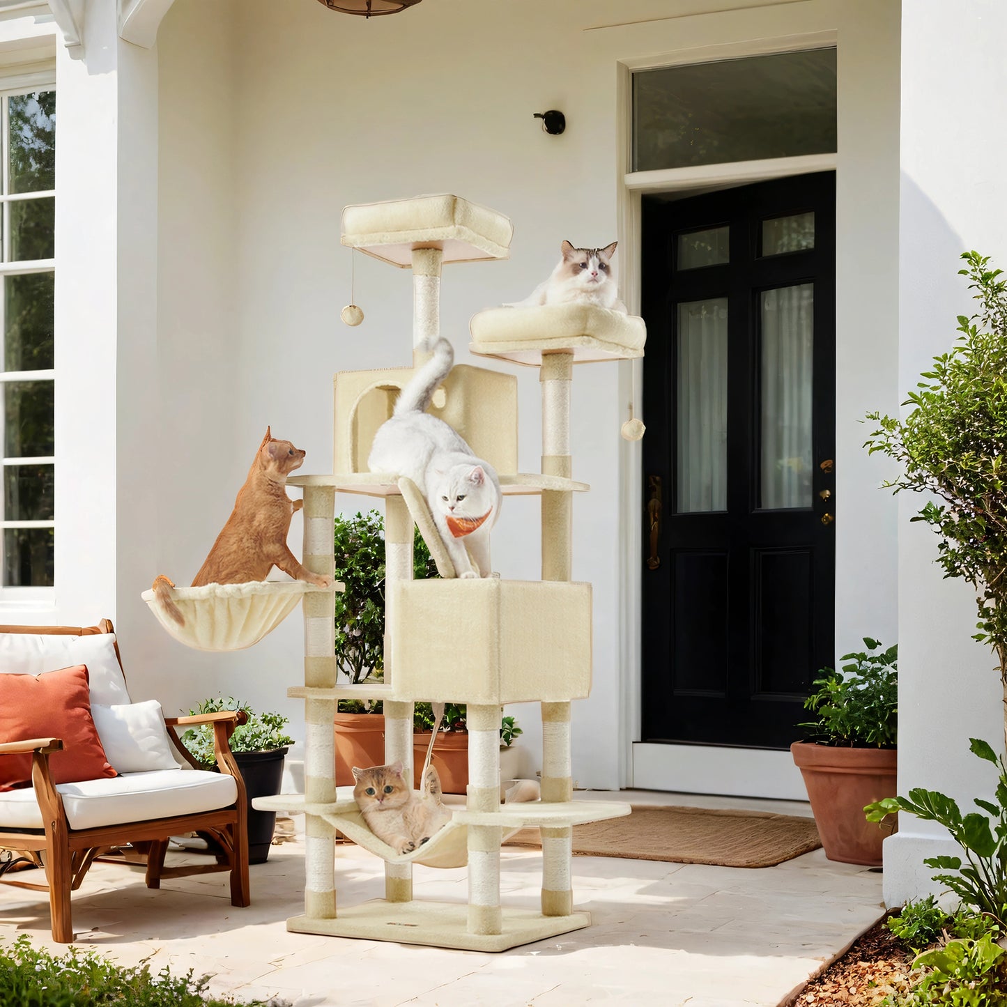 66.1" Large Cat Tree - 13 Scratching Posts, 2 Perches & 2 Caves, Multi-Level Plush Cat Condo with Hammock, Beige