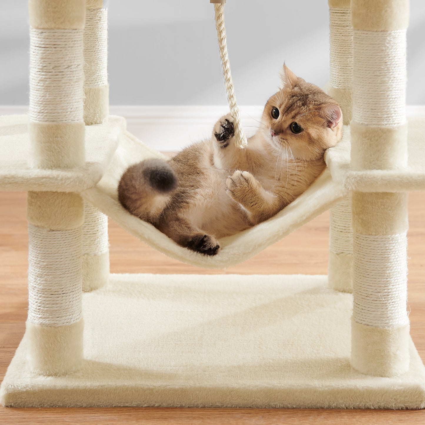 66.1" Large Cat Tree - 13 Scratching Posts, 2 Perches & 2 Caves, Multi-Level Plush Cat Condo with Hammock, Beige