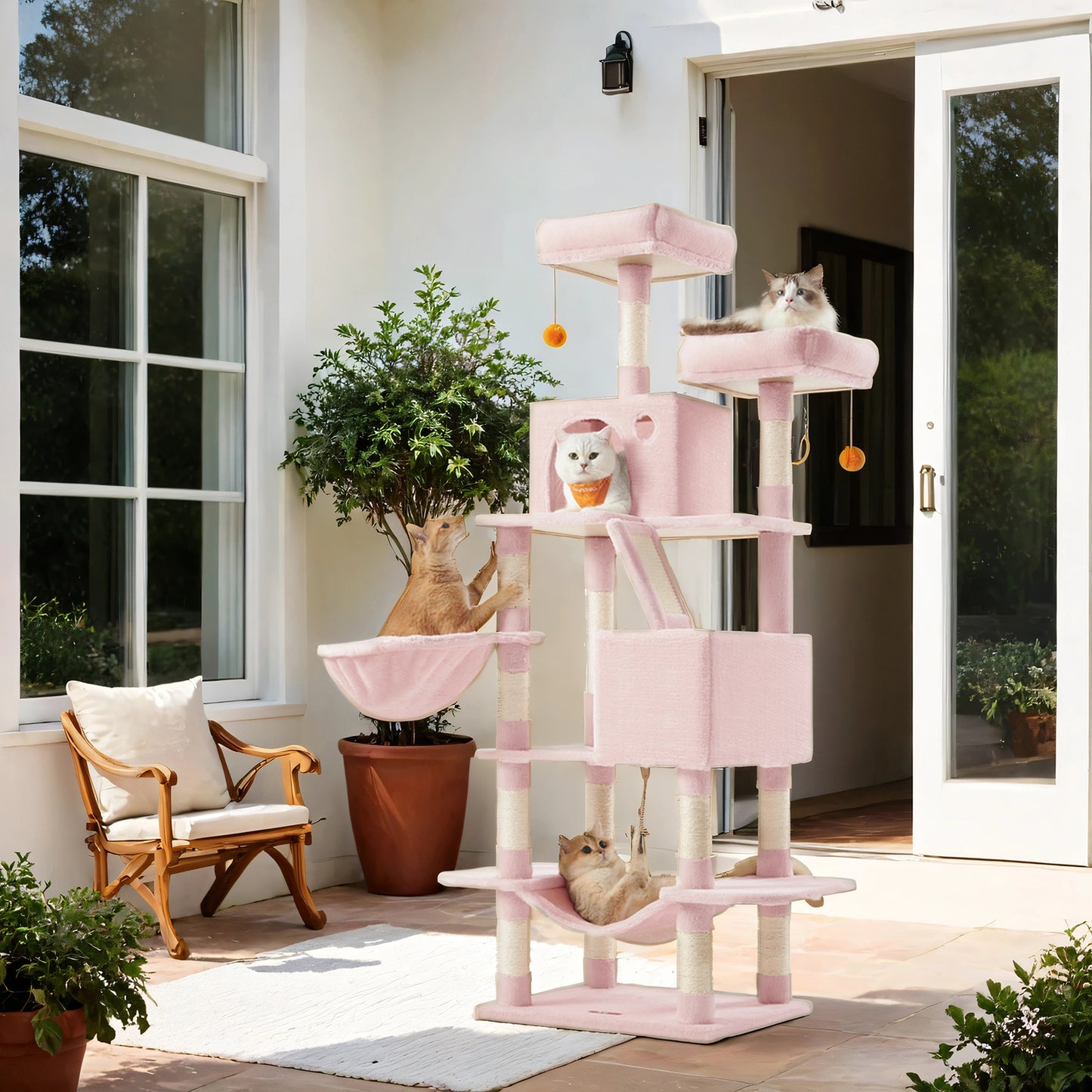 Multi-Level Cat Tree Tower with 13 Scratching Posts, 2 Perches & Caves, Hammock, Basket & Pompoms - Plush Indoor Cat Condo, Jelly Pink